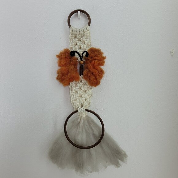 Macrame Wall Hanger with Brown Wood Hoop Off White w Rust Orange Butterfly Towel - Picture 1 of 15
